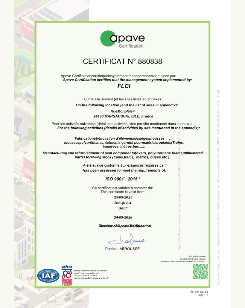 Certificat ISO 9001 : 2015 pour FLCI.